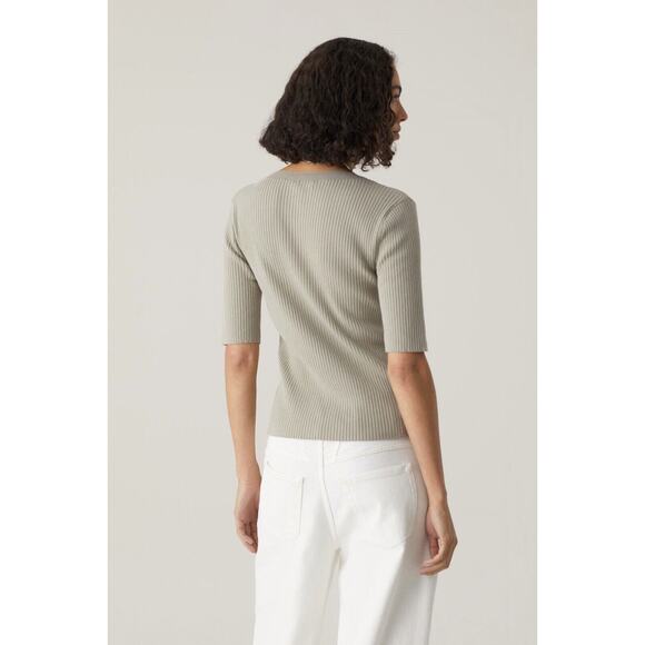 Closed Stone Gray Ribbed Knit V-Neck Front Button Short Sleeve Cardigan Top XXS - Picture 3 of 13